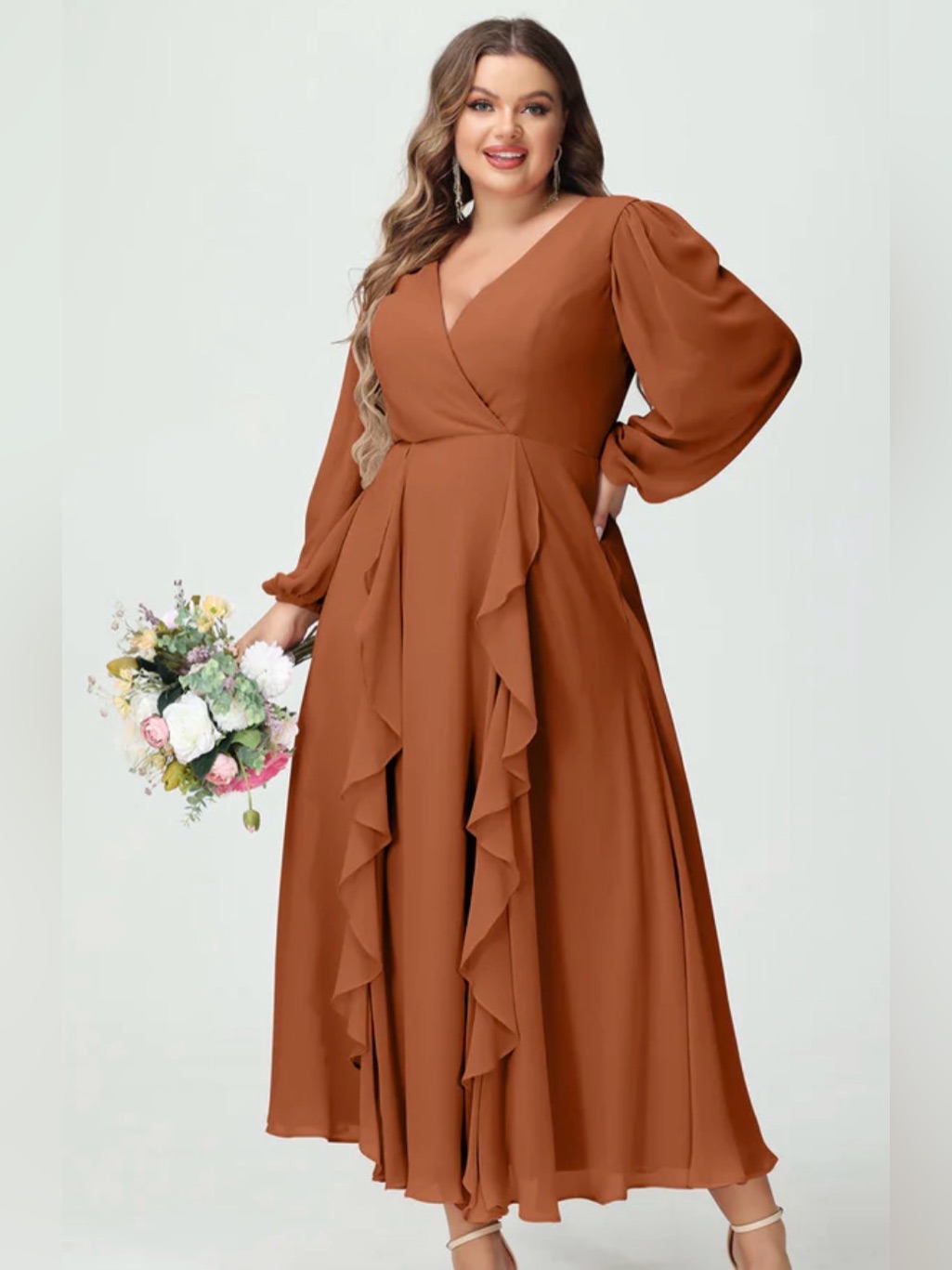 Lavetir V-Neck Long Sleeves Chiffon Ruffles Bridesmaid Dresses W/ Pockets